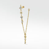 Gold Celestial Mixed Cut Chain Drop Earring with dangling star charms and various diamond cuts on a white background.
