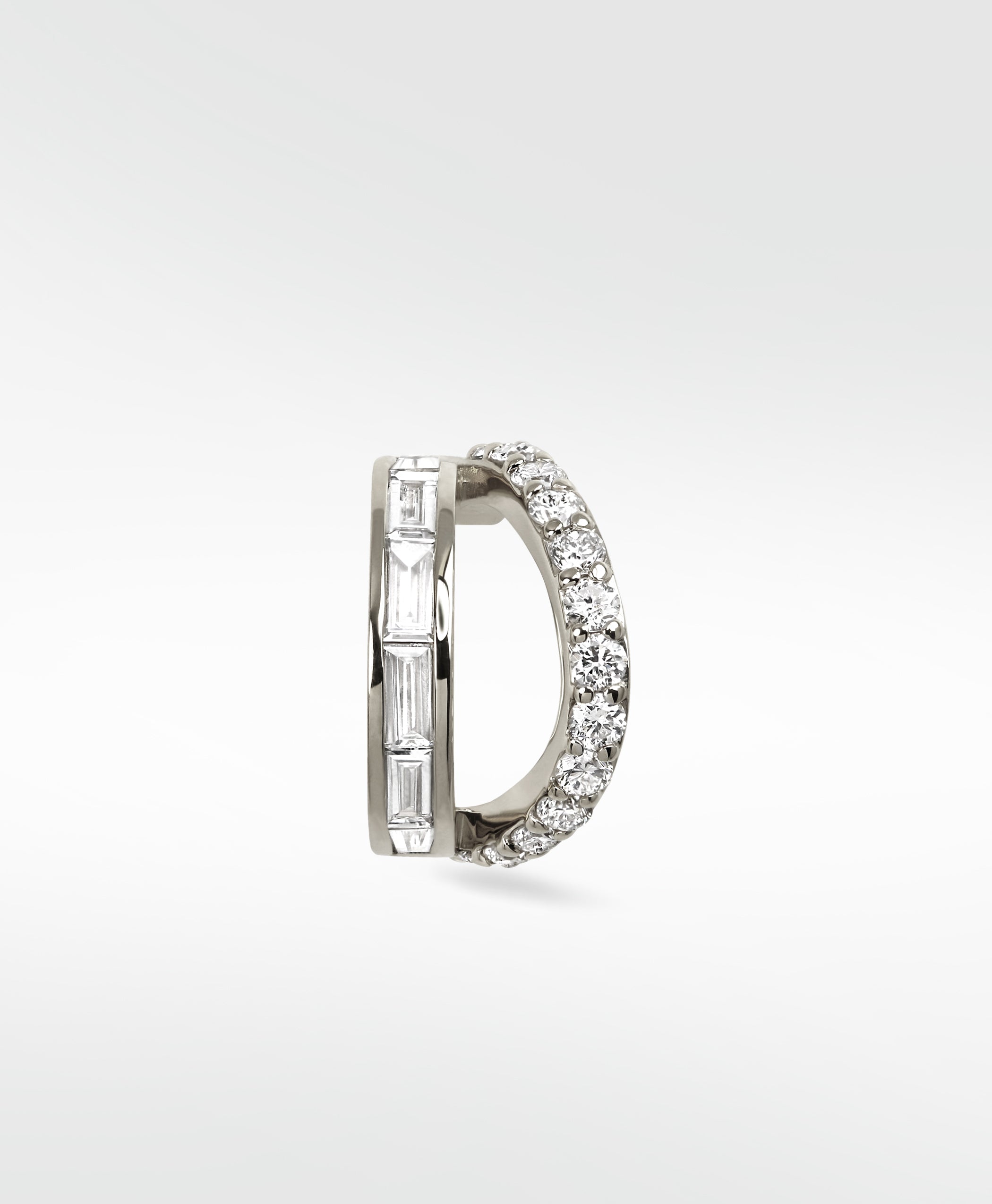 Lark & Berry Modernist Double Diamond Hoop in white gold with one band of baguette diamonds and one of brilliant-cut diamonds.
