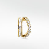 Modernist Double Diamond Hoop earring in yellow gold, featuring contrasting rows of baguette and brilliant-cut diamonds.