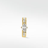 Front view of the Modernist gold hoop earring with a triangle diamond center and baguette diamond accents.